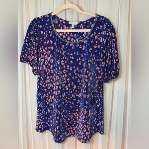 Rio & Rian Blue and Pink Pleated Top with Chain Neckline